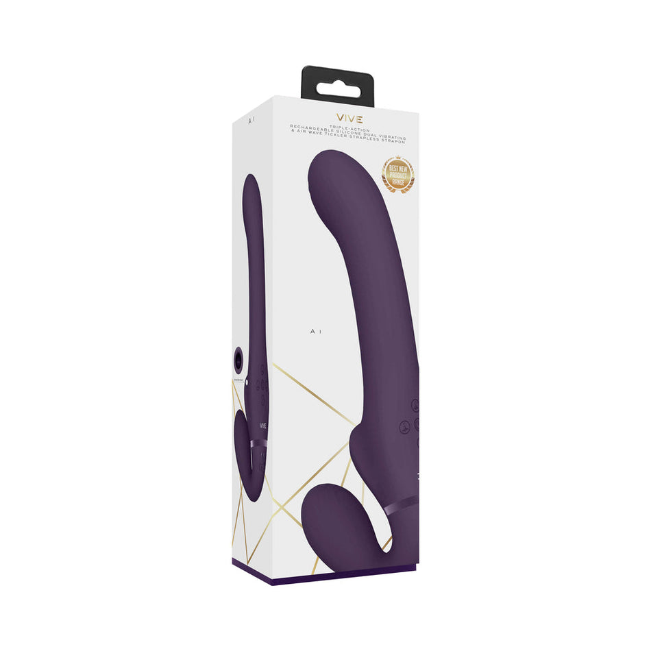 VIVE AI Rechargeable Dual Vibrating & Air Wave Tickler Silicone Strapless Strapon Purple - Zateo Joy