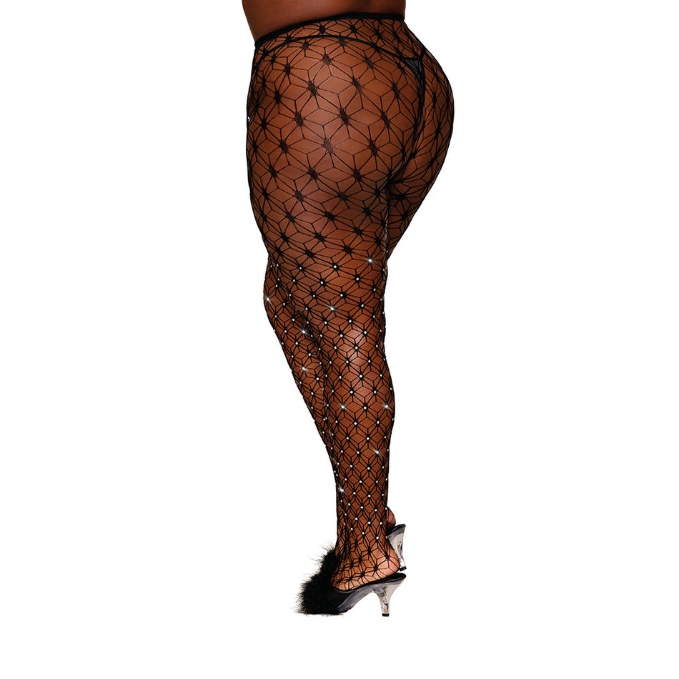 Dreamgirl Geometric Fence Net Pantyhose with Rhinestone Embellishment Black Queen Size - Zateo Joy