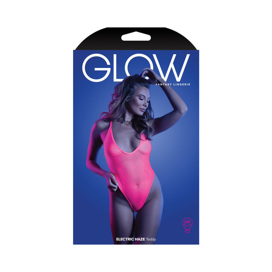 Fantasy Lingerie Glow Electric Haze Criss Cross Back Teddy with Snap Closure Neon Pink S/M - Zateo Joy