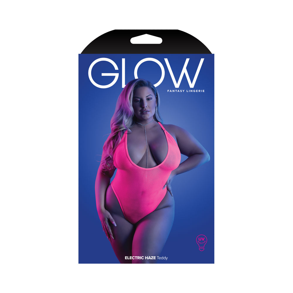 Fantasy Lingerie Glow Electric Haze Criss Cross Back Teddy with Snap Closure Neon Pink Queen Size - Zateo Joy