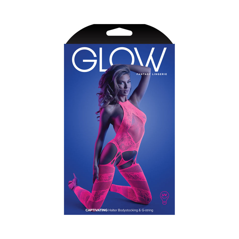Fantasy Lingerie Glow Captivating High Neck Halter Bodystocking & G-String Set Neon Pink O/S - Zateo Joy