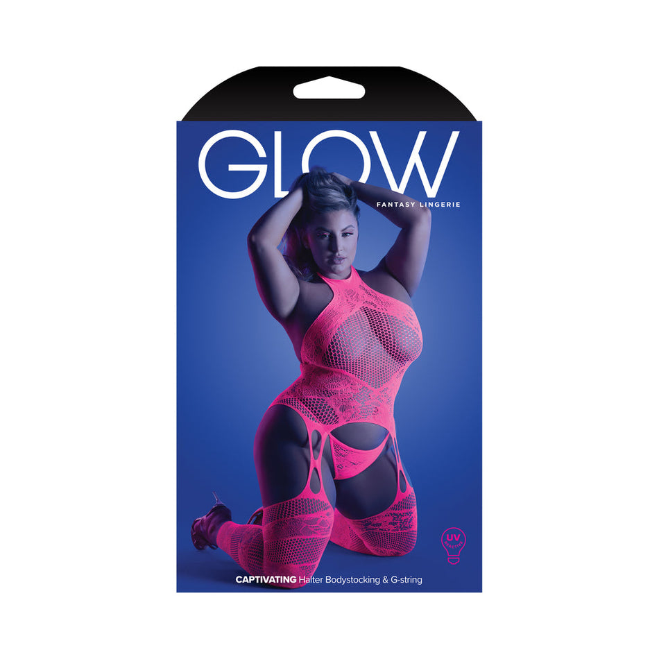 Fantasy Lingerie Glow Captivating High Neck Halter Bodystocking & G-String Set Neon Pink Queen Size - Zateo Joy