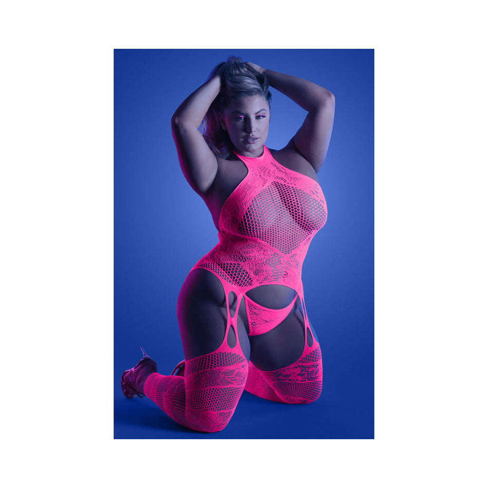 Fantasy Lingerie Glow Captivating High Neck Halter Bodystocking & G-String Set Neon Pink Queen Size - Zateo Joy