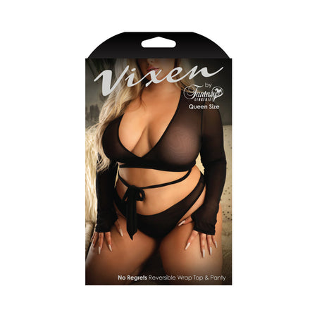 Fantasy Lingerie Vixen No Regrets Reversible Longsleeve Wrap Top & Thong Panty Black Queen Size - Zateo Joy