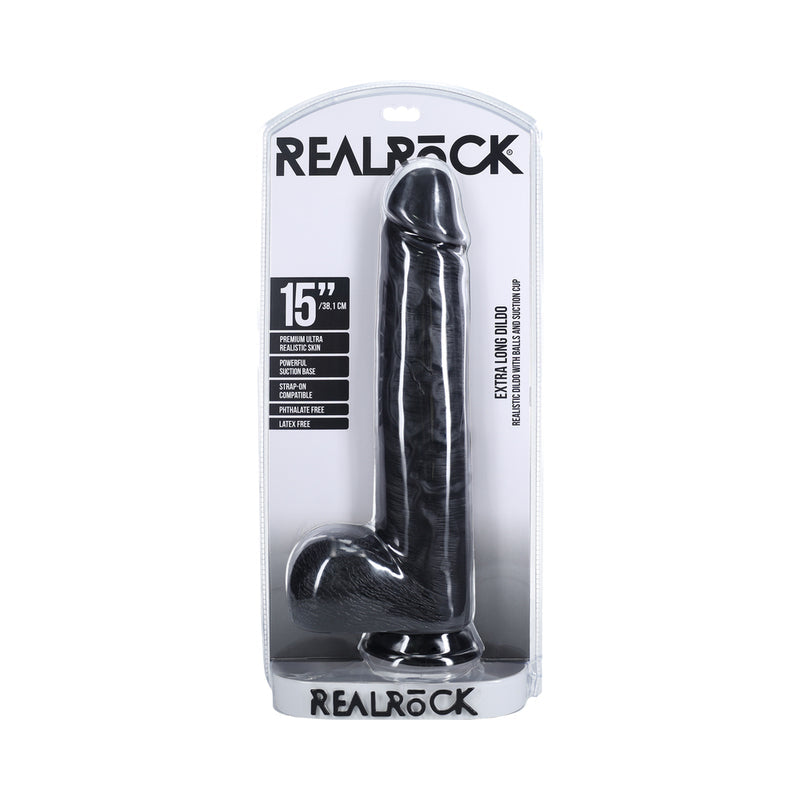 RealRock Extra Long 15 in. Dildo with Balls Black - Zateo Joy