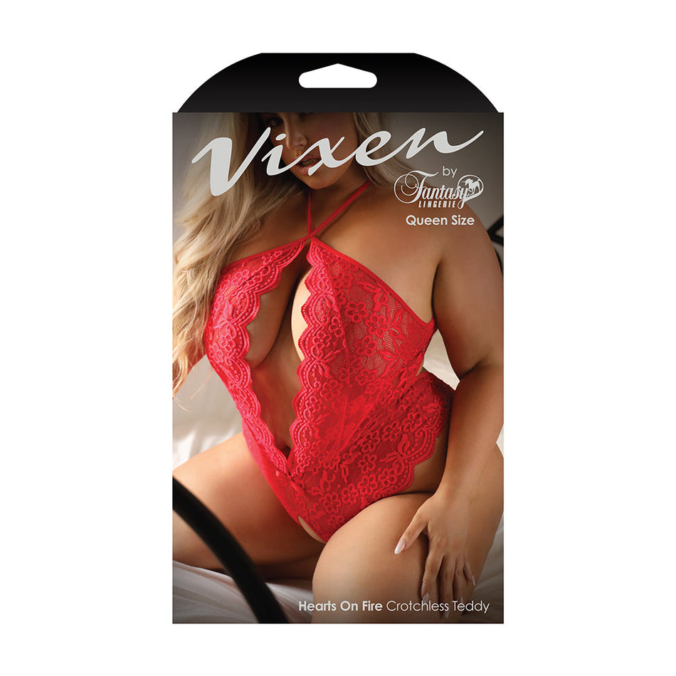 Fantasy Lingerie Vixen Hearts On Fire Crotchless Lace Teddy with Open Pearl Draped Back Red Queen Size - Zateo Joy