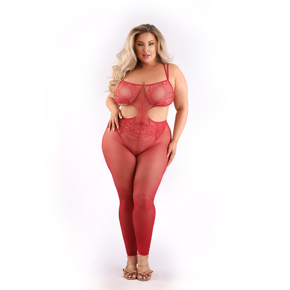 Fantasy Lingerie Sheer Unforgettable Cut-out Bodystocking Red Queen Size - Zateo Joy