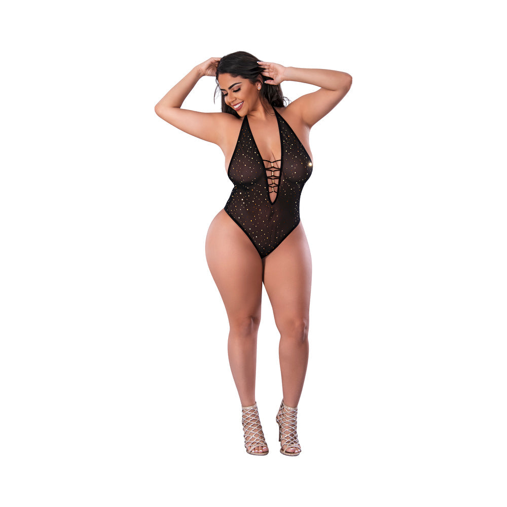 Magic Silk Glitz & Glam Bodysuit with Snap Crotch Black Queen Size - Zateo Joy