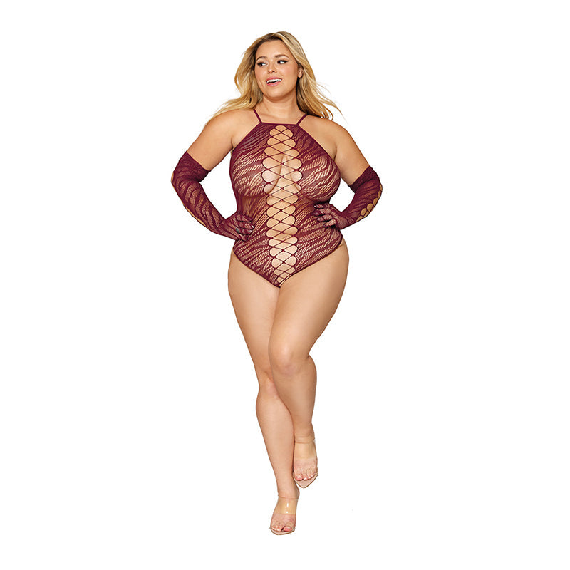 Dreamgirl Seamless Zebra Fishnet Teddy and Glove Set Burgundy Queen Size - Zateo Joy