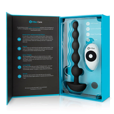 b-Vibe Cinco Rechargeable Remote-Controlled Vibrating Anal Beads Plug Black - Zateo Joy
