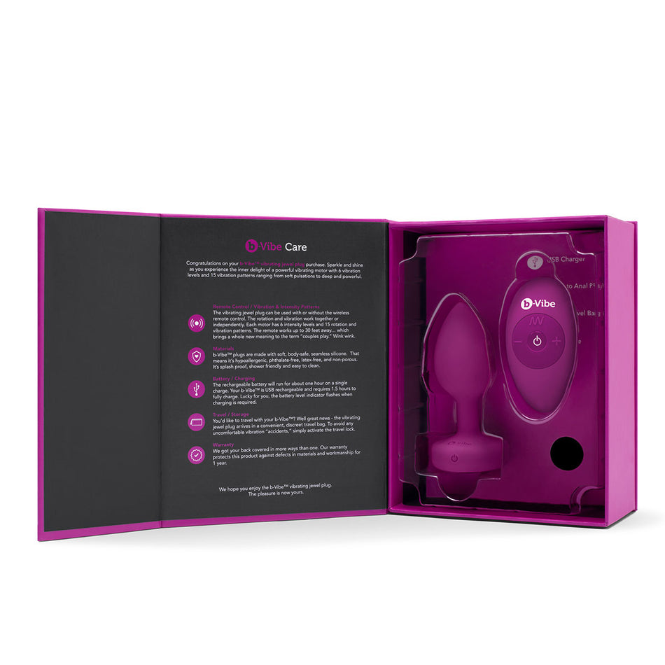 b-Vibe Vibrating Jewel Rechargeable Remote-Controlled Anal Plug with Gem Base Pink Ruby S/M - Zateo Joy