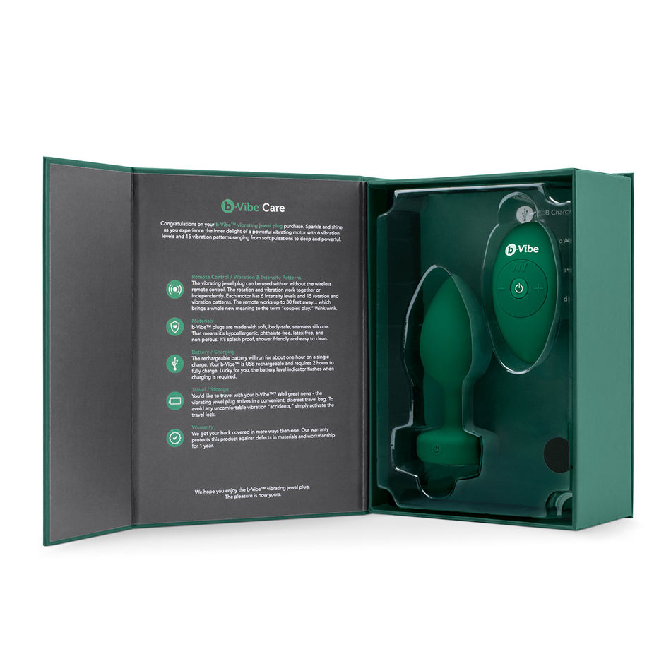 b-Vibe Vibrating Jewel Rechargeable Remote-Controlled Anal Plug with Gem Base Emerald M/L - Zateo Joy