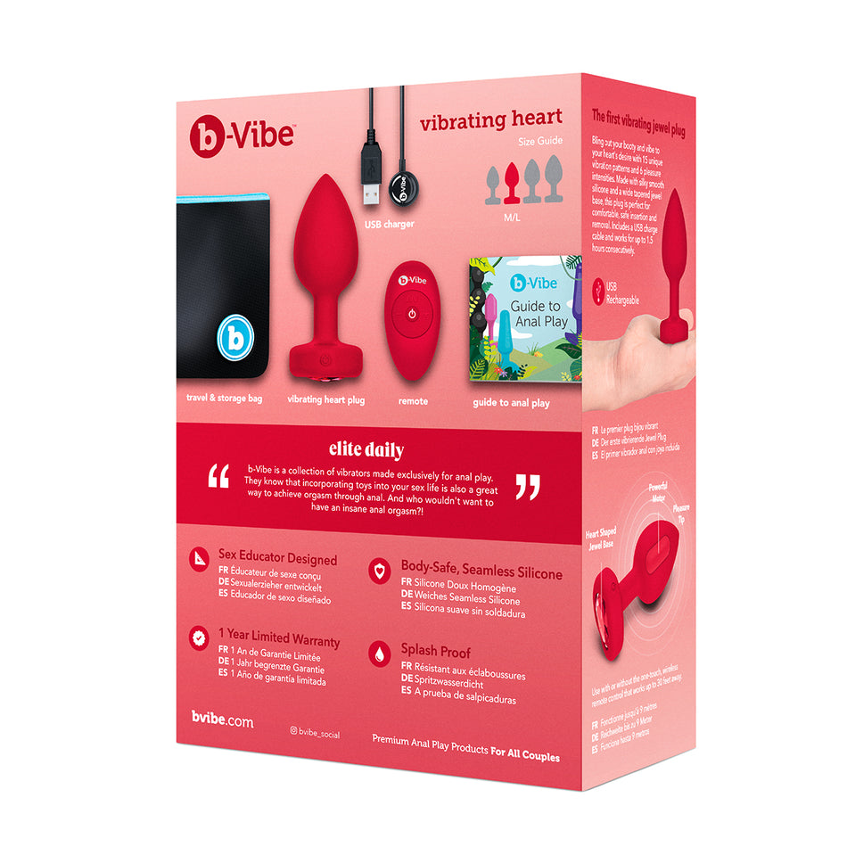 b-Vibe Vibrating Heart Anal Plug with Heart-Shaped Jewel Base M/L Red - Zateo Joy