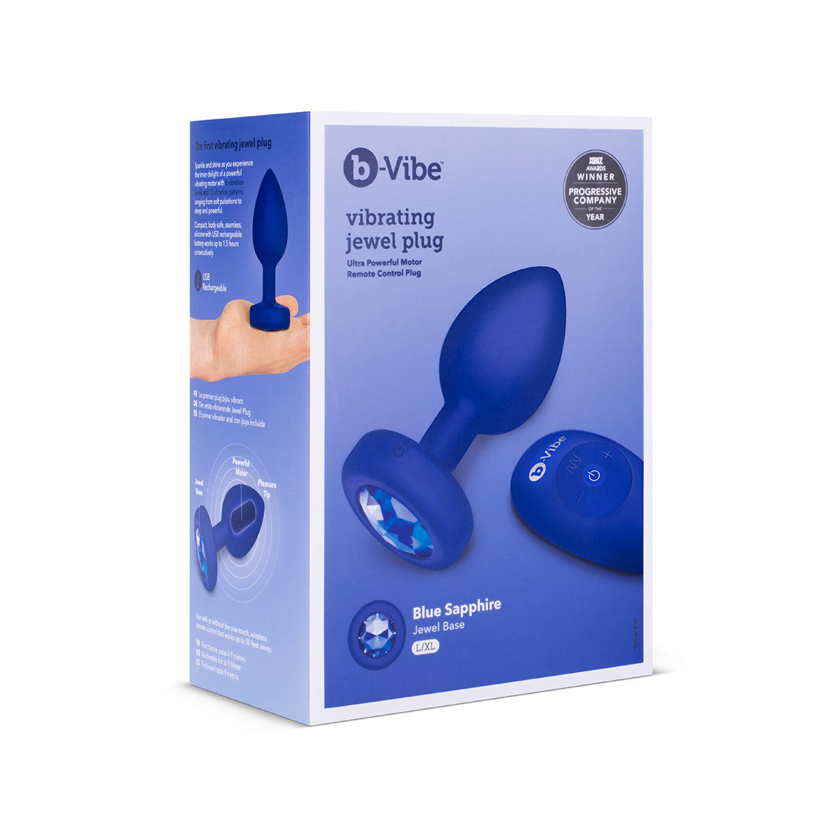 b-Vibe Vibrating Jewel Rechargeable Remote-Controlled Anal Plug with Gem Base Blue Sapphire L/XL - Zateo Joy