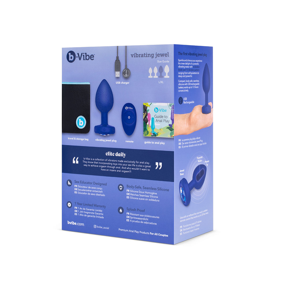 b-Vibe Vibrating Jewel Rechargeable Remote-Controlled Anal Plug with Gem Base Blue Sapphire L/XL - Zateo Joy