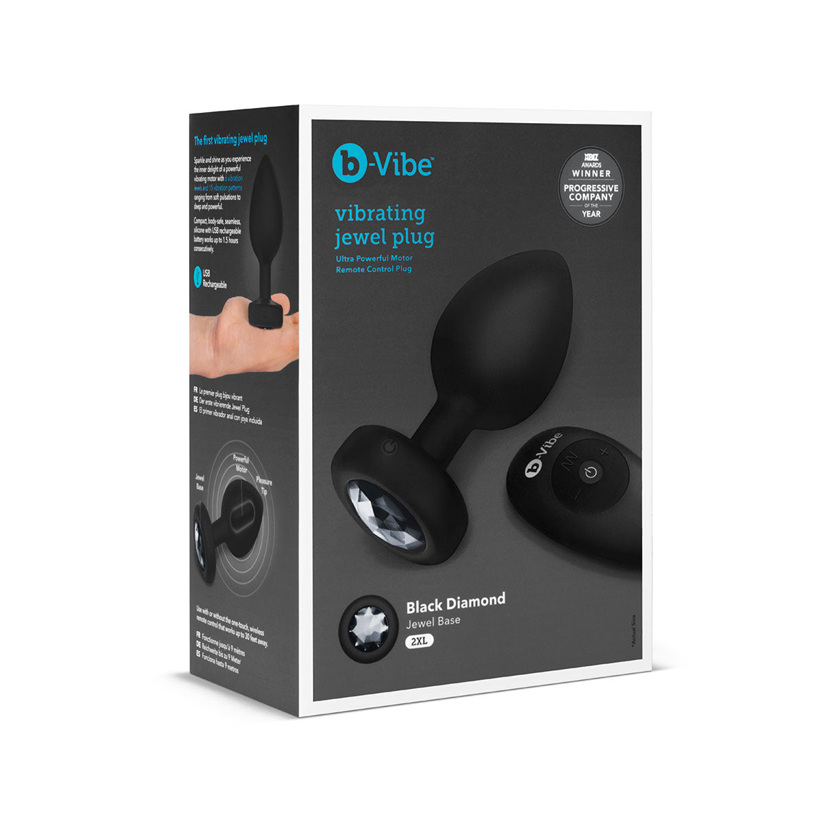 b-Vibe Vibrating Jewel Rechargeable Remote-Controlled Anal Plug with Gem Base Black Diamond XXL - Zateo Joy