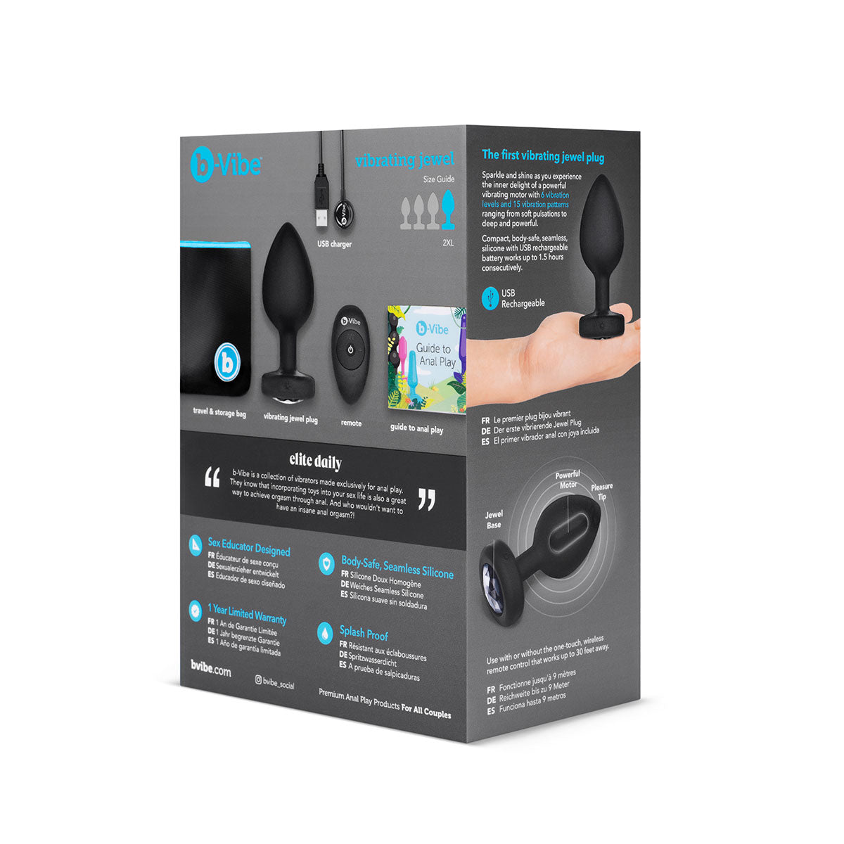 b-Vibe Vibrating Jewel Rechargeable Remote-Controlled Anal Plug with Gem Base Black Diamond XXL - Zateo Joy