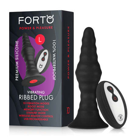 Forto Vibrating Ribbed Plug Rechargeable Remote-Controlled Silicone Anal Plug Large Black - Zateo Joy