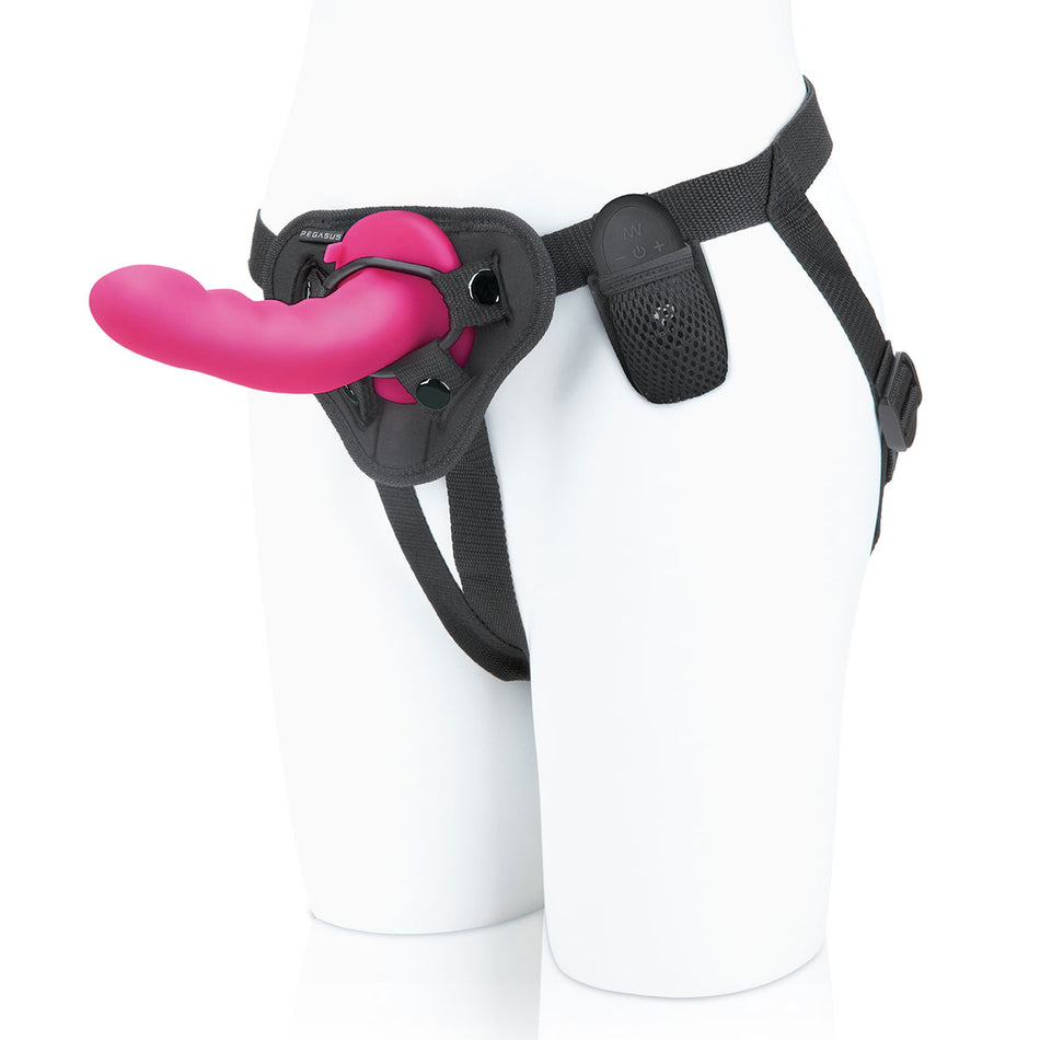 Pegasus 6 in. Curved Ripple Peg Rechargeable Remote-Controlled Dildo & Harness Set Pink - Zateo Joy