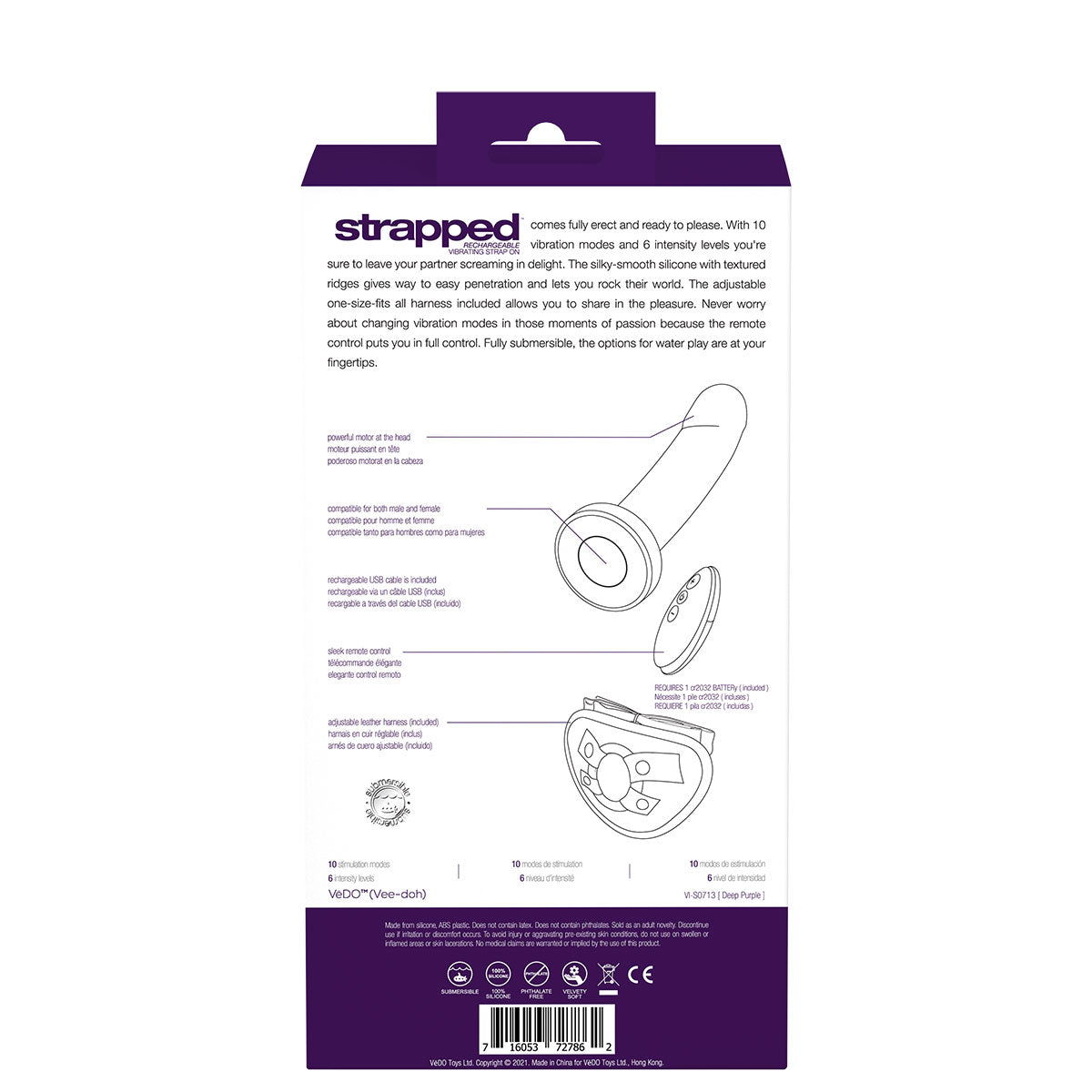 Vedo Strapped Rechargeable Vibrating Strap-On Deep Purple - Zateo Joy