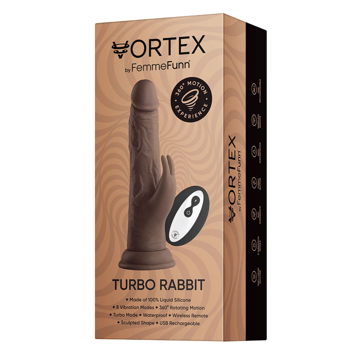 FemmeFunn Vortex Turbo Rabbit 2.0 8 in. Dual Stimulation Vibrating Dildo Brown - Zateo Joy