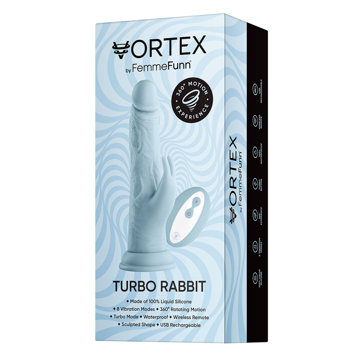 FemmeFunn Vortex Turbo Rabbit 2.0 8 in. Dual Stimulation Vibrating Dildo Light Blue - Zateo Joy