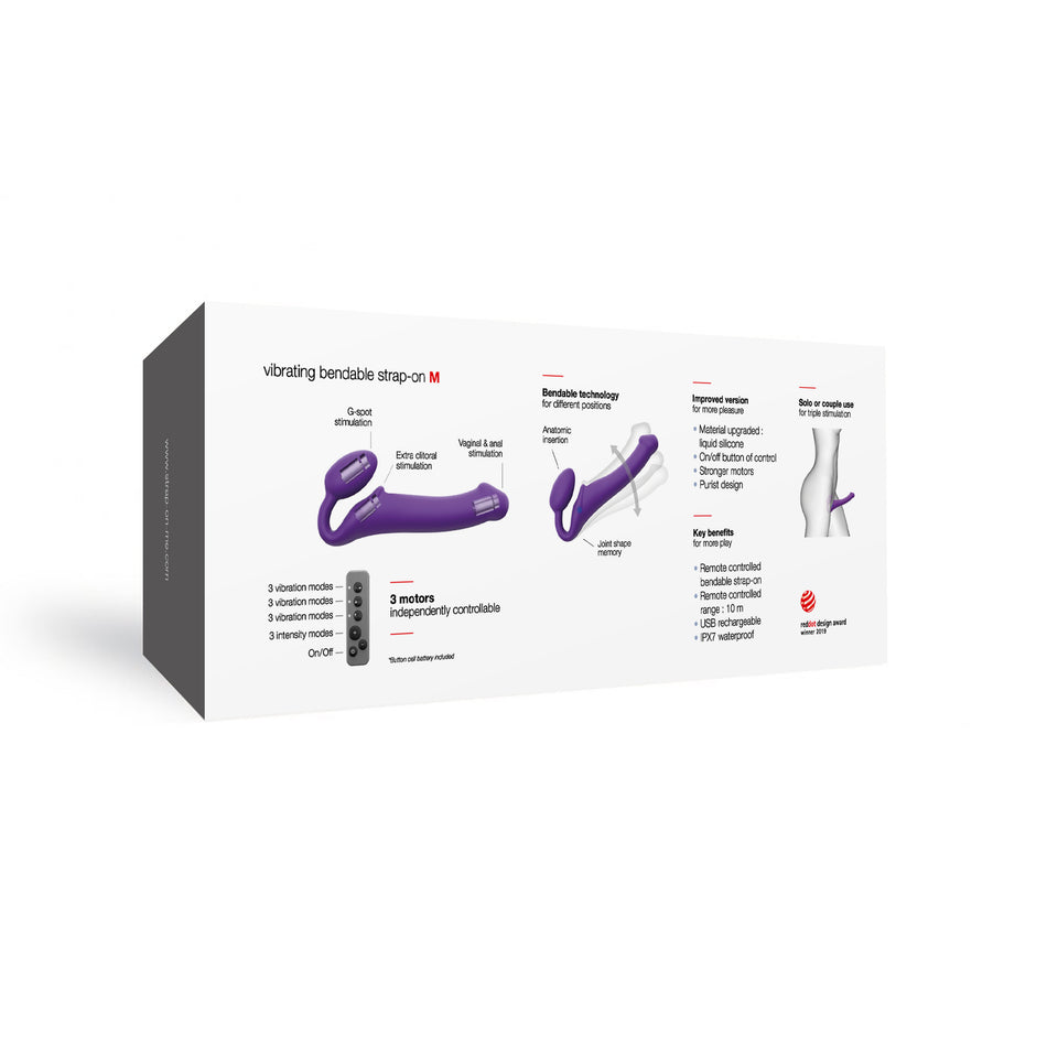Strap-On-Me Rechargeable Remote-Controlled Silicone Vibrating Bendable Strap-On Purple M - Zateo Joy