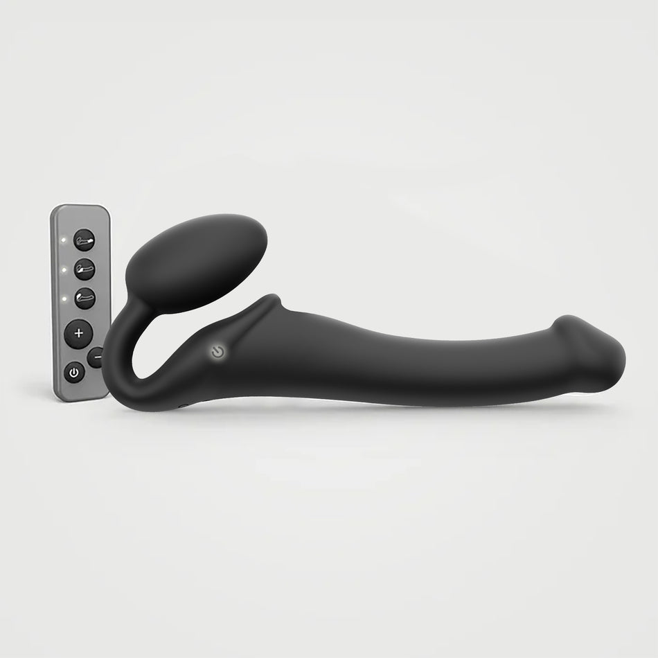 Strap-On-Me Rechargeable Remote-Controlled Silicone Vibrating Bendable Strap-On Black M - Zateo Joy