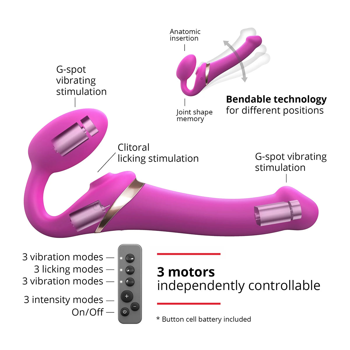 Strap-On-Me Rechargeable Remote-Controlled Multi Orgasm Bendable Strap-On Fuchsia L - Zateo Joy