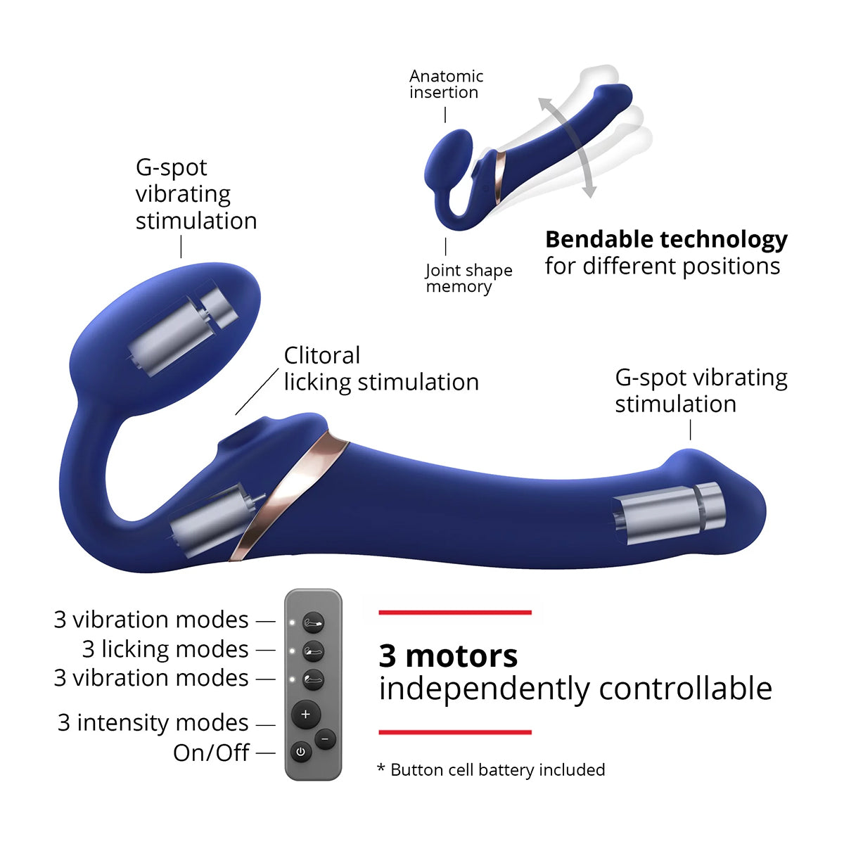 Strap-On-Me Rechargeable Remote-Controlled Multi Orgasm Bendable Strap-On Night Blue L - Zateo Joy